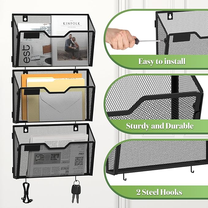 YINGHUA 3 Pack Mesh File Holders Wall Mounted - Durable Metal Hanging Organizer with Hooks - 12.6 Inch Vertical Wall Baskets for Mail Papers Office Home and School Storage - Black