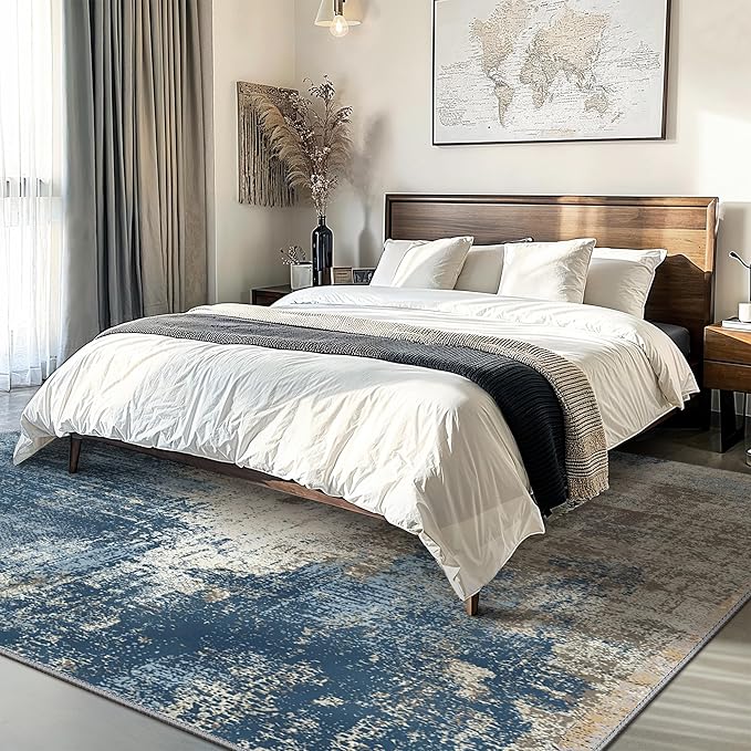 GENIMO Washable Area Rugs for Living Room, 10x12 Modern Non Slip Rugs, Low Pile Lightweight Soft Print Rug for Bedroom, Dining Room, Home Office, Washed Slate Blue