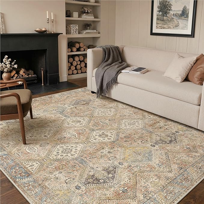 GENIMO 3x5 Area Rugs for Living Room, Machine Washable Non Slip Vintage Rugs, Low Pile Lightweight Print Rug for Bedroom, Dining Room, Home Office, Warm Brown