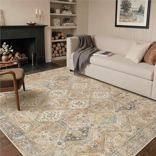 GENIMO 6x9Area Rugs for Living Room, Machine Washable Non Slip Vintage Rugs, Low Pile Lightweight Print Rug for Bedroom, Dining Room, Home Office, Warm Brown