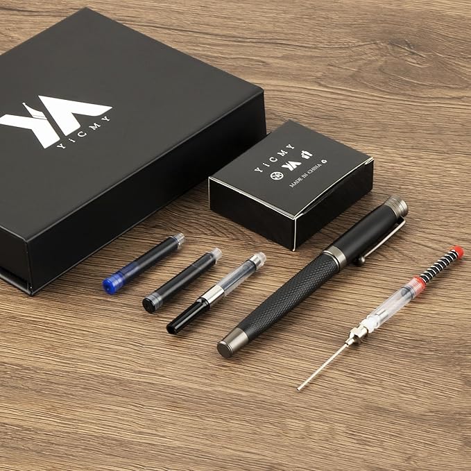 YICMY Fancy Fountain Pen Set – Fine & Medium Nibs, Includes 18 Ink Cartridges, Ink Converter, Syringe Filler, Luxury Gift for Writing, Journaling & Calligraphy，Black