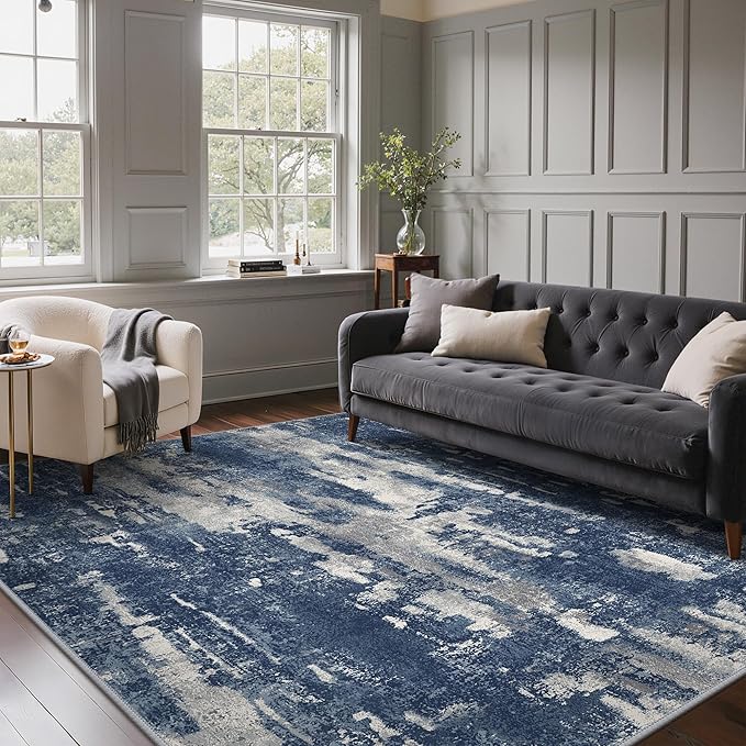 GENIMO 8x10 Area Rugs for Living Room, Machine Washable Non Slip Rugs, Low Pile Lightweight Vintage Print Rug for Bedroom, Dining Room, Home Office, Distressed Blue/Grey