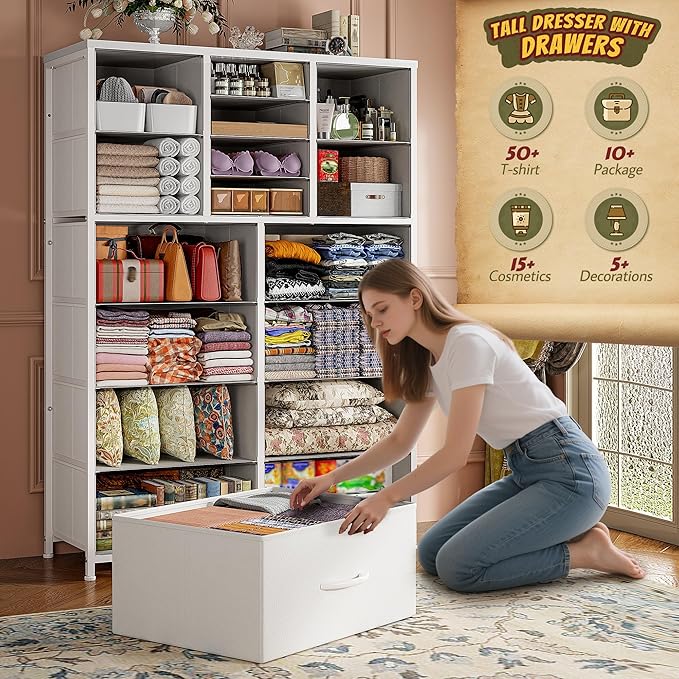Romorgniz 57“H Dresser for Bedroom with Multiple Drawers,Dressers & Chests of Drawers for Bedroom,Large White Dresser, Sturdy Metal Frame & Wood Top,Entryway, Hallway