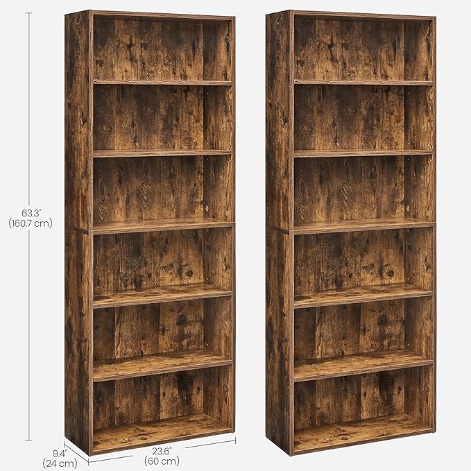 VASAGLE Set of 2 Bookshelves, 23.6 Inches Wide, 6-Tier Open Bookcases with Adjustable Storage Shelves, Floor Standing Units, Rustic Brown ULBC166X01-2