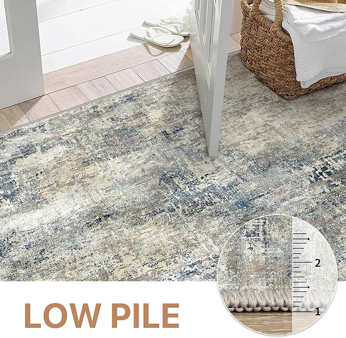 GENIMO Washable Area Rugs for Living Room, 10x12 Modern Non Slip Rugs, Low Pile Lightweight Soft Print Rug for Bedroom, Dining Room, Home Office, Blue Grey Beige