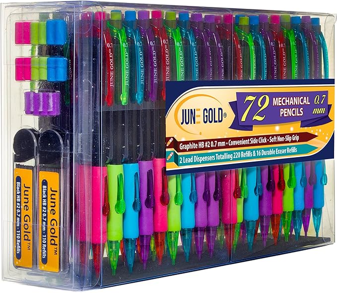 June Gold 72 Mechanical Pencils, 0.7 mm HB #2 Lead, 2 Dispensers/w 220 Graphite Refills & 16 Refill Erasers, Break Resistant Lead, Convenient Side Click & Soft Non-Slip Grip
