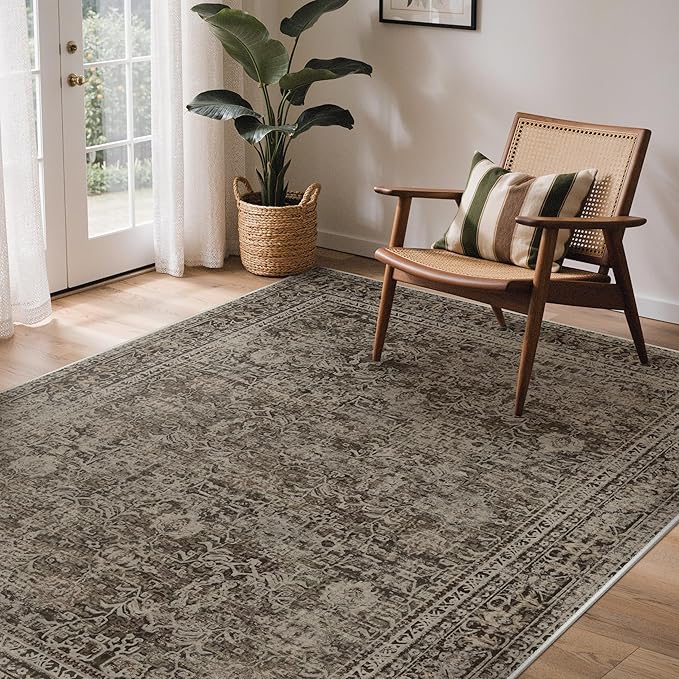 GENIMO 6x9 Area Rug Machine Washable Boho Rug for Living Room,Ultra-Thin Low Pile Carpet,Lightweight Indoor Printed Rug,Non Slip Floral Area Rug for Bedroom, Dining Room, Home Office,Brownish Green