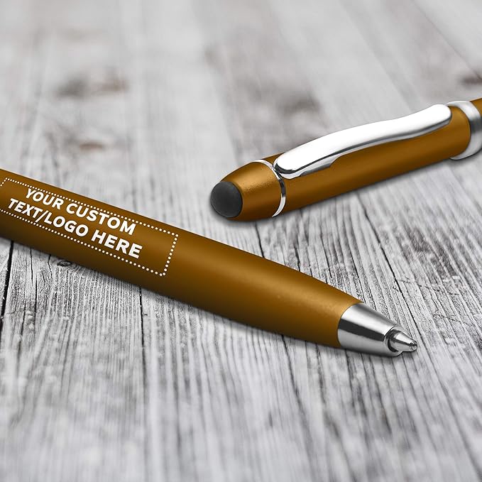 DISCOUNT PROMOS Custom Twist Action Plastic Stylus Pens, Set of 10, Personalized Bulk Pack - Pens for Work, Cool Pens for Writing, Black Ink - Gold