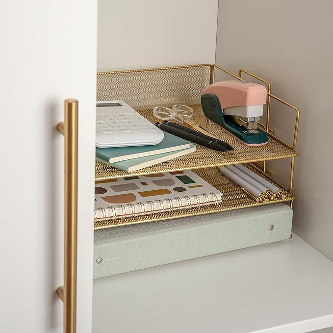 Martha Stewart Ryder 3 Tier Desk Letter Tray Organizer, Stackable Steel Mesh Inbox Tray for Files, Papers, or Letters, Gold