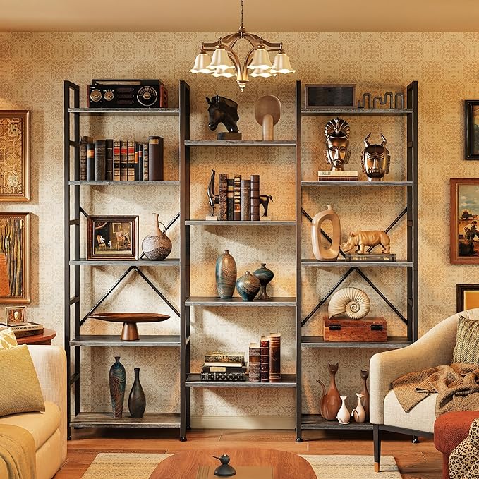 SUPERJARE Triple 5 Tier Bookshelf, Bookcase with 14 Open Display Shelves, Wide Book Shelf Book Case for Home & Office, Grey
