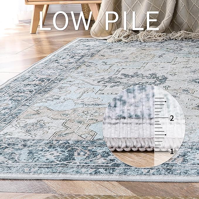 GENIMO 10x14 Area Rugs for Living Room, Machine Washable Rug, Non Slip Vintage Rugs, Low Pile Lightweight Chenille Print Rug for Bedroom, Dining Room, Home Office, Blue