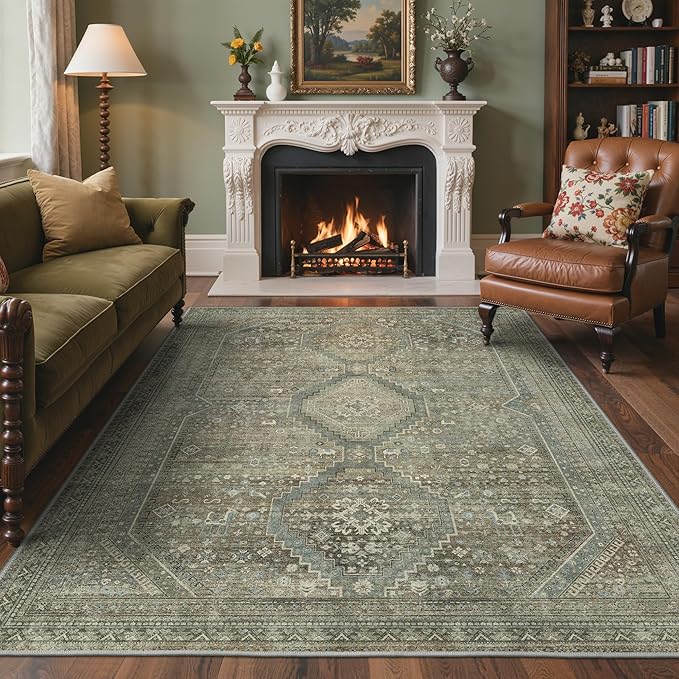 GENIMO 9x12 Area Rugs for Living Room, Machine Washable Non Slip Rugs, Low Pile Lightweight Vintage Print Rug for Bedroom, Dining Room, Home Office, Sage/Blue