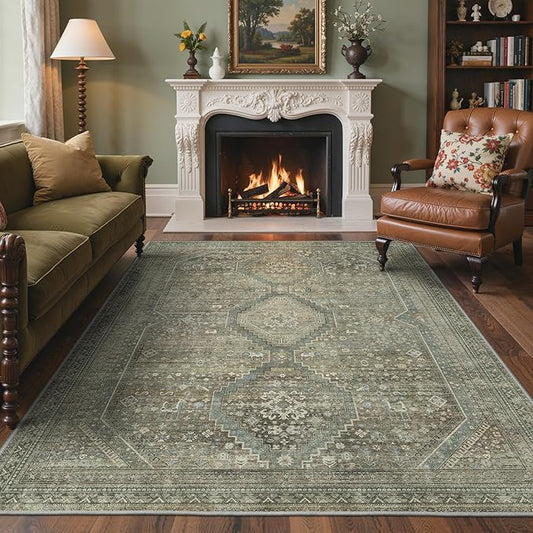 GENIMO 9x12 Area Rugs for Living Room, Machine Washable Non Slip Rugs, Low Pile Lightweight Vintage Print Rug for Bedroom, Dining Room, Home Office, Sage/Blue