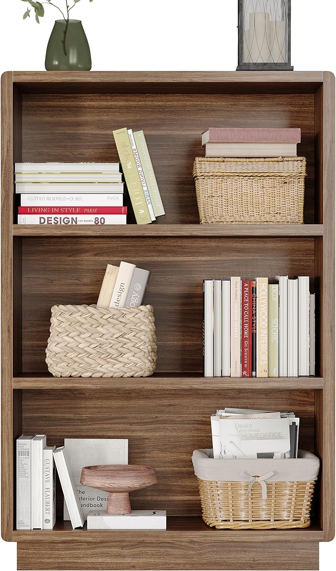 ChooChoo 3-Tier Bookcase, Wooden Bookshelf, Farmhouse Bookshelf with Open Storage, Tall Bookcase for Bedroom and Home Office, Brown Walnut