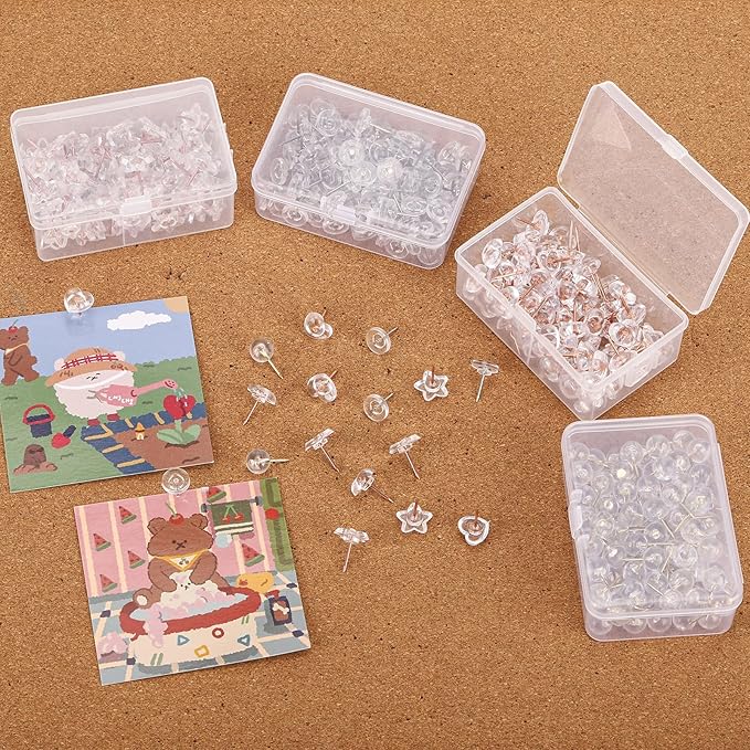 400Pcs Clear Push Pins 4 Types Thumb Tacks for Wall - Decorative Push Pins for Bulletin Board and Cork Board
