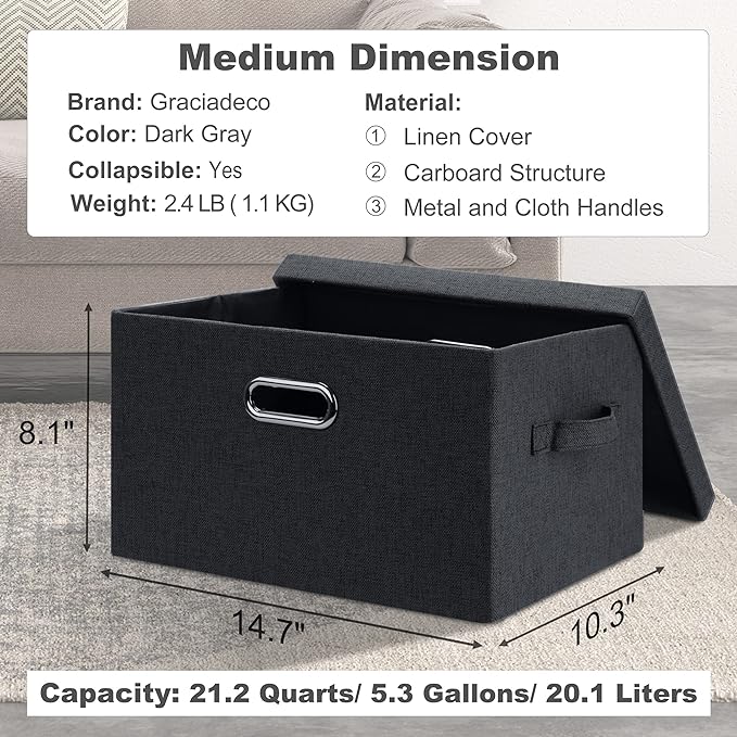 Graciadeco Medium 15" 21 Quart Collapsible Stackable Storage Bins with Lids, 5 Packs Dark Gray Foldable Fabric Closet Storage Boxes with Lids, Lidded Heavy-duty Linen Baskets(15x11x8)