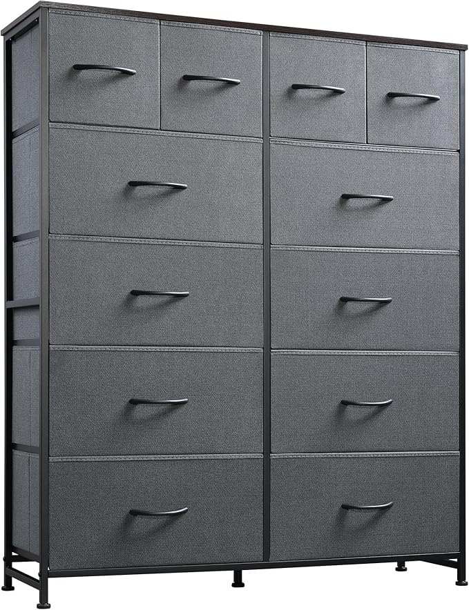 WLIVE Tall Dresser for Bedroom with 12 Drawers, Chests of Drawers, Fabric Dressers for Closet, Living Room, Storage Dresser Organizer with Wood Top, Steel Frame, Dark Grey
