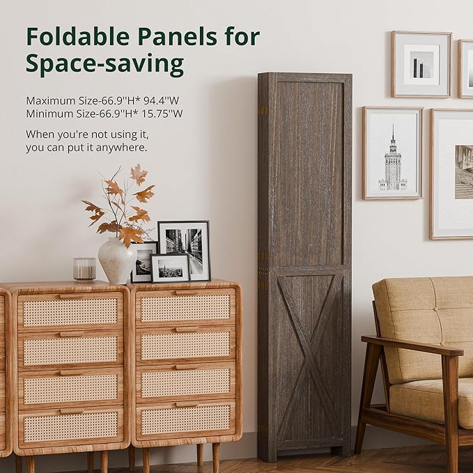 Cozy Castle Wood Room Divider, 6 Panels Folding Privacy Screen, 66.9'' Wall Divider, Barnwood Room Separator, Freestanding Partition, Temporary Wall for Decorative, Rustic Brown
