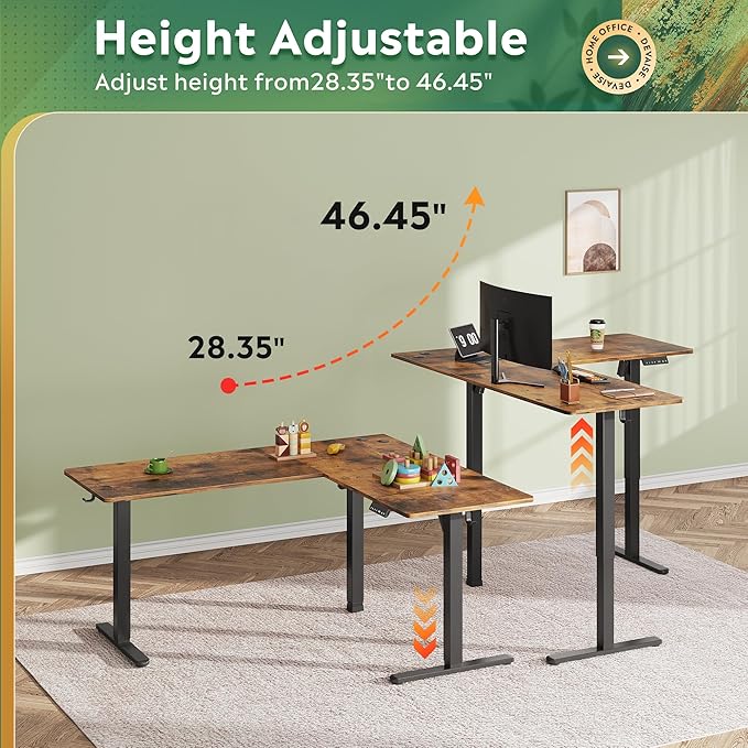 DEVAISE L Shaped Standing Desk Adjustable Height, Dual Motor Electric Corner Standing Desk, 63x55 inch Sit Stand up Home Office Desk with Splice Board, Rustic Brown