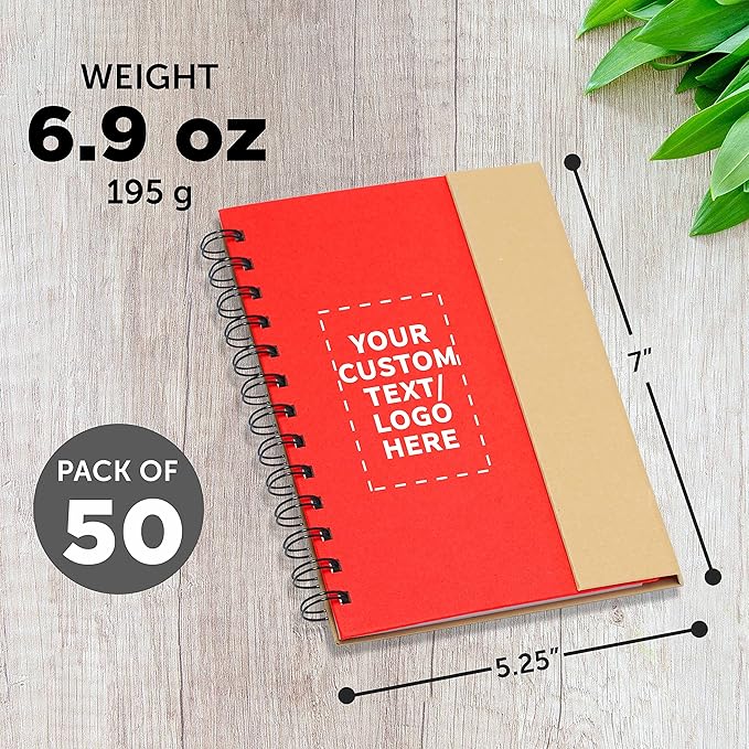 DISCOUNT PROMOS Custom Eco Friendly Spiral Notebooks with Pens Set of 50, Personalized Bulk Pack - Perfect for School, Office, Home - Red