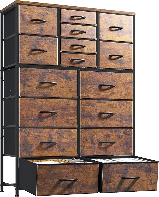 Romorgniz 57“H Dresser for Bedroom with Multiple Drawers, Fabric Dressers & Chests of Drawers for Bedroom,Large Dresser, Sturdy Metal Frame & Wood Top,Entryway, Hallway(Rustic Brown)