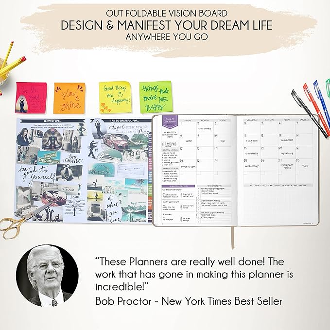 Hourly Planner - Undated Weekly & Monthly Planner, 12-Month Journey to Increase Productivity | Gratitude Journal, Life Organizer & Goal Journal | Include Foldable Vision Board, Habit Tracker & Sticker