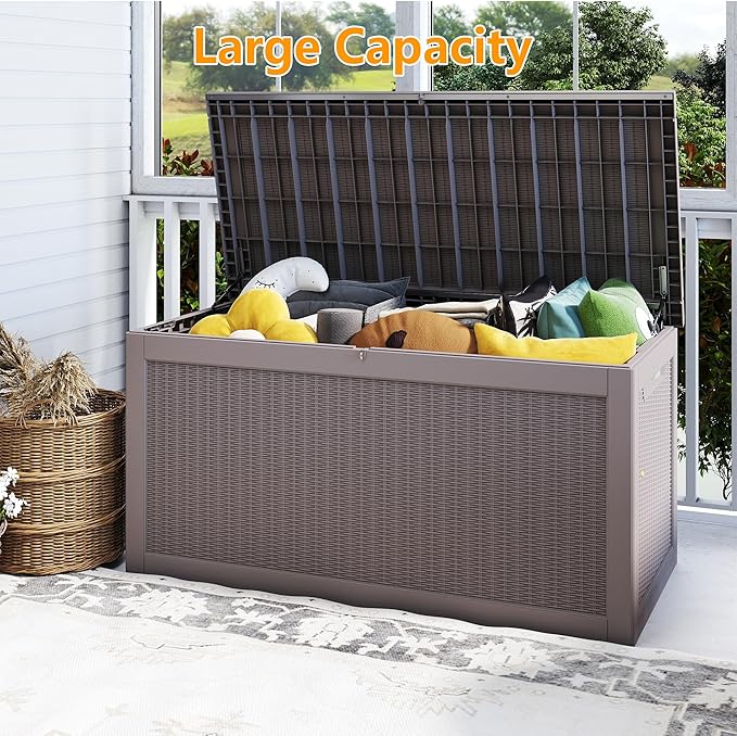 Yardgrace 320 Gallon Outdoor Storage Box Waterproof, Resin Deck Boxes with Lockable Lid & UV-Resistant for Patio, Pool, Garden Furniture Cushions & Accessories, Coffee