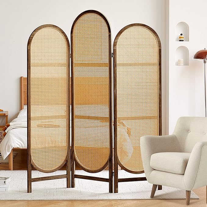 Asnefeli Wood Room Divider 3 Panels, Folding Rattan Room Divider Wall, Unique Design Folding Portable Partition Screen, Foldable Privacy Screen Wall Divider for Home Office Restaurant Bedroom (Brown)