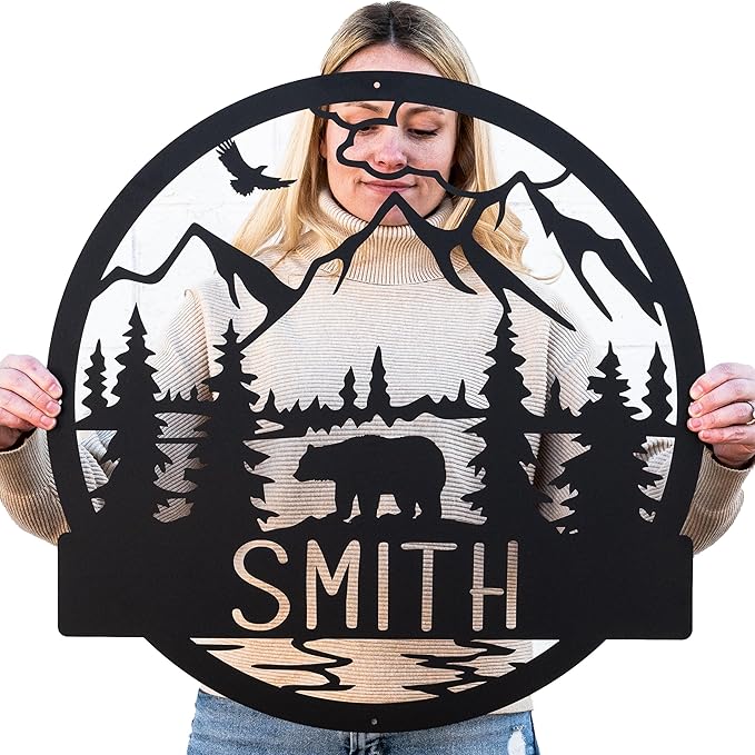 Wilderness Bear Cabin Name Sign | Mountain & Rustic Metal Bear | Personalized Outdoor Sign | Door Decor