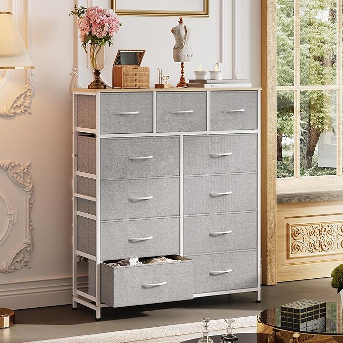 WLIVE Tall Dresser for Bedroom, Fabric Dressers Storage Tower, Dresser & Chest of Drawers Organizer Unit with 11 Drawers, Storage Cabinet, Hallway, Closets, Steel Frame, Wood Top, Light Grey
