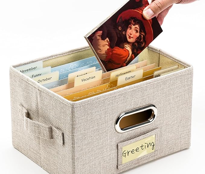 Remowith Greeting Card Organizer and Storage Box with 20 Pcs Adjustable Dividers, Storing Cards with 84 Pcs Labels Perfect for Storing Greeting Cards, Envelopes, Photos 2 Pack Beige