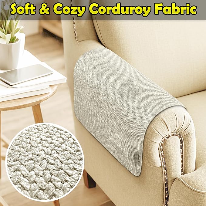 Couch Arm Covers, Waterproof Armrest Cover for Sofa, Armchair, Loveseat, Non-Slip Recliner Arm Cover, Sofa Arm Covers, Headrest Covers, Arm Chair Covers Set of 2 (Beige, 28"×24")