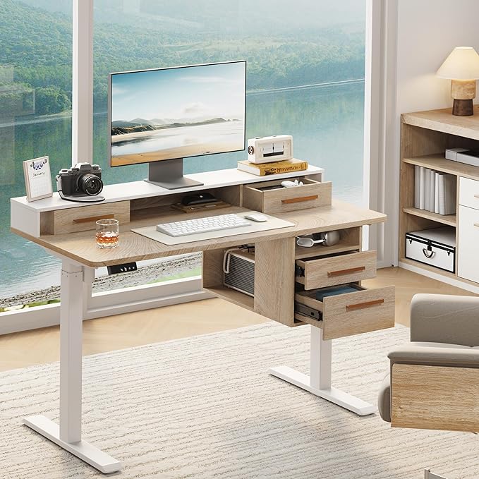 ModernMate Standing Desk with 4 Drawers, 47.2 x 23.6 Inch Whole Piece Height Adjustable Electric Sit Stand Desk, Computer Home Office Workstation with Open Storage Shelf, Light Walnut