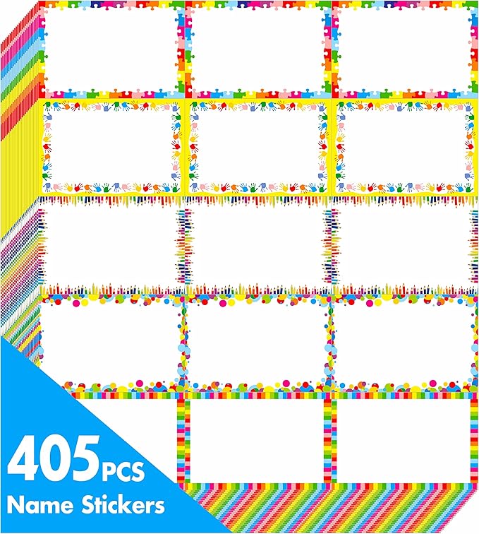 405 PCS Adorable Name Tag Stickers, 5 Color Designs for Themed Party School Office Home (3"x2")