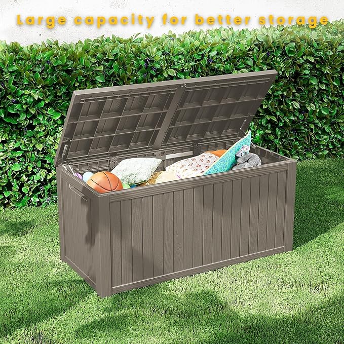 PATIOEASY Outdoor Storage Box 150GAL Waterproof Resin Deck Box,UV-Resistant Lockable Package Delivery Bin for Garden Tools,Large Patio Outside Cushions,Pool Accessories Supplies,Chest,Furniture,Grey