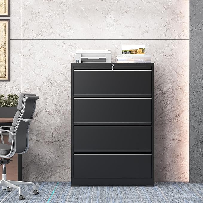 mysteeldepot 4 Drawer Lateral File Cabinet with Lock, Metal File Cabinet, Lateral File Cabinets for Home Office, Heavy Duty File Storage Cabinet for Legal/Letter/A4 Document, Assembly Required, Black