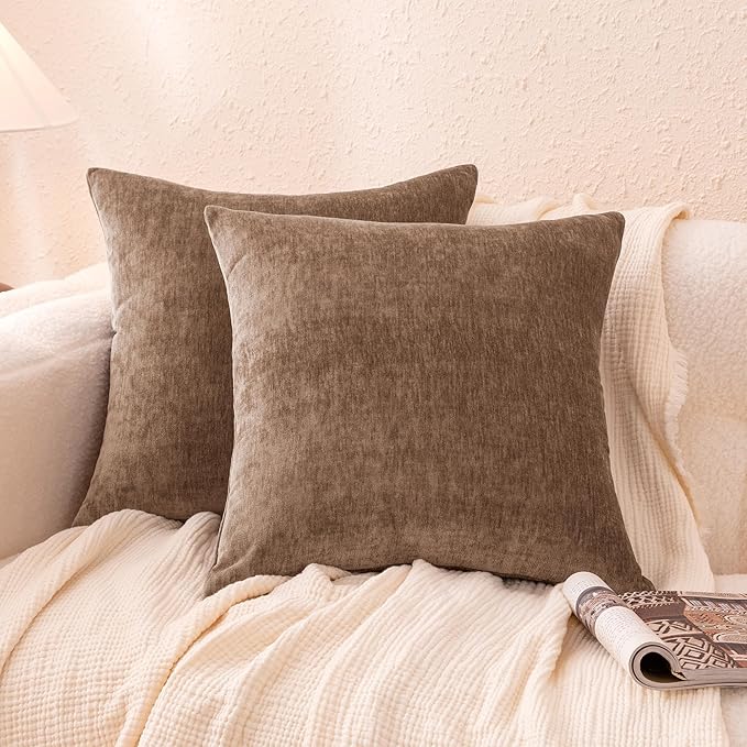 Amazon Basics Chenille Throw Pillow Covers, Home Decor Cushion Cover for Bedroom Living Room Couch Bed, 16" W × 16" L, Brown