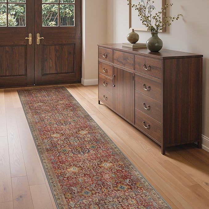 GENIMO 2x10 Runner Rugs for Hallway, Machine Washable Non Slip Vintage Rugs, Low Pile Lightweight Soft Print Rug for enrtyway, Corridor, Home Office, Kitchen, Mocha Brick