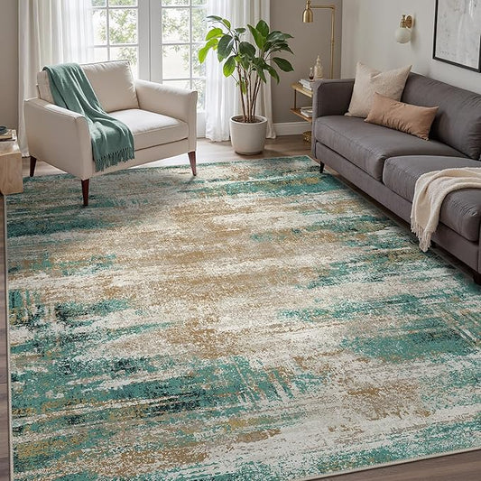 GENIMO Washable Rug-6x9 Area Rugs Lightweight Foldable, Modern Pet Friendly Low Pile Carpet for Living Room, Bedroom, Playroom, Emerald Ripples