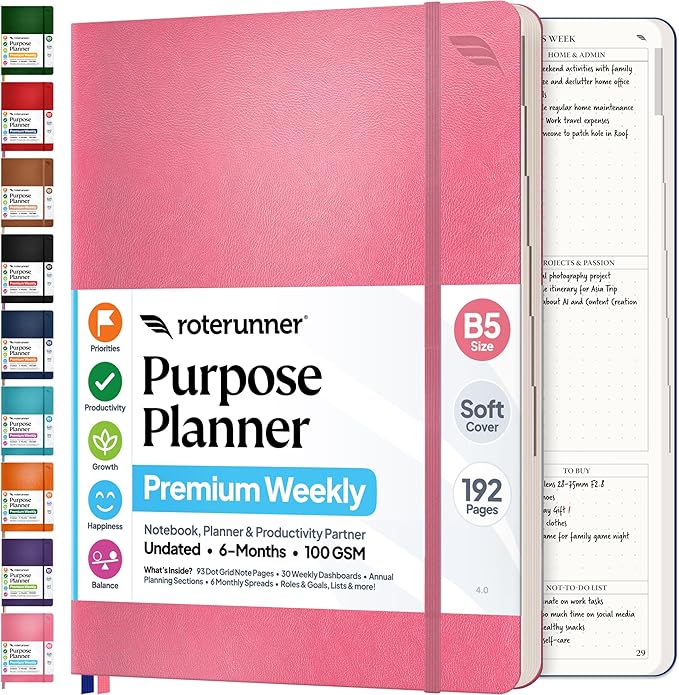 Roterunner Purpose Planner Notebook B5 7.5”x9.8” Undated 2026 Daily Weekly and Monthly Productivity Goal Setting Tool for Work Home ADHD Planner for Adults Self Care Journal (Pink Softcover)