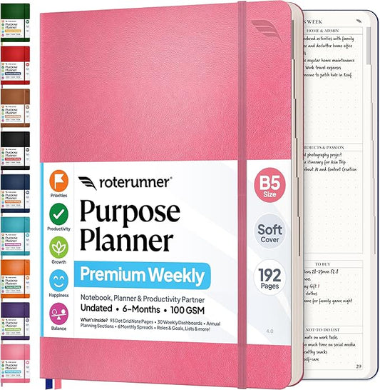 Roterunner Purpose Planner Notebook B5 7.5”x9.8” Undated 2026 Daily Weekly and Monthly Productivity Goal Setting Tool for Work Home ADHD Planner for Adults Self Care Journal (Pink Softcover)