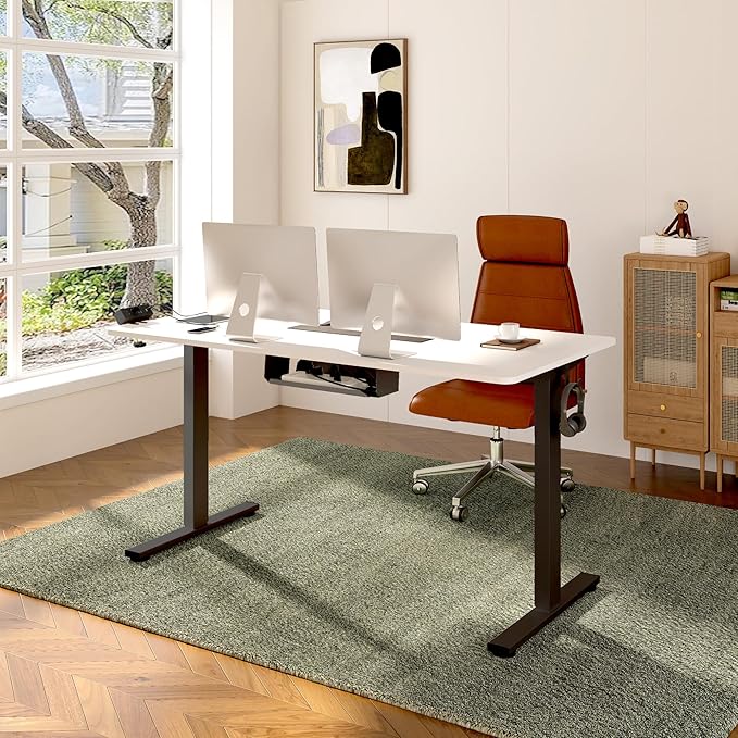 FLEXISPOT EN2 Whole-Piece Standing Desk with Clamp Power Strip, 48 x 30 Electric Stand Up Height Adjustable Desk with Cable Management (Black Frame + 48" White Top, 2 Packages)