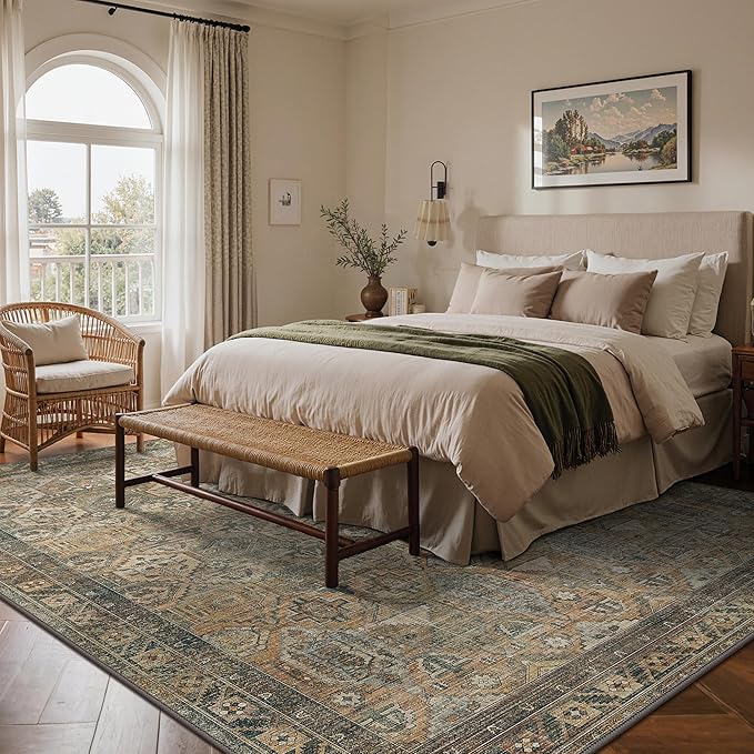 GENIMO 4x6 Area Rugs for Living Room, Machine Washable Non Slip Vintage Rugs, Low Pile Lightweight Chenille Print Rug for Bedroom, Dining Room, Home Office, Warm Taupe