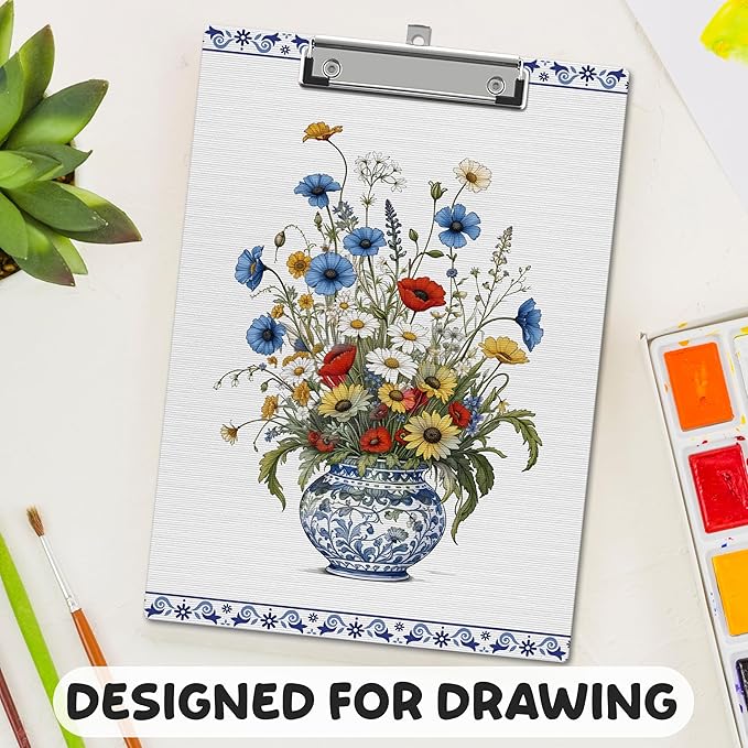 APIILVPQ Floral Clipboard, Vintage Blue Clipboards with Low Profile Clip for Office School Use, Chinoiserie Wooden Clip Boards for Nurses Teachers Students - A09