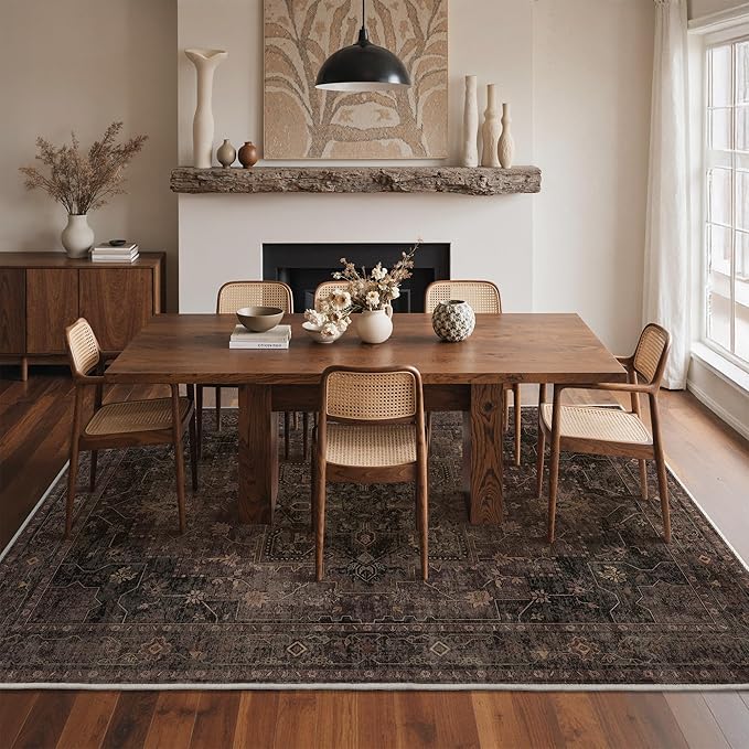 GENIMO 5x7 Area Rugs for Living Room, Machine Washable Rug, Non Slip Indoor Vintage Rug, Low Pile Lightweight Chenille Print Carpet for Bedroom Dining Room Home Office, Charcoal Brown