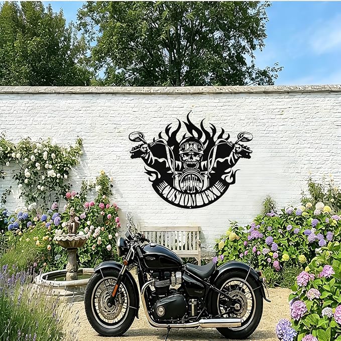 Custom Motorcycle Skull Metal Sign Personalized Biker Name Sign Custom Garage Decor Motorbikes Wall Art Decor Motorcycle Sign Men Room Decor Gifts for Men Husband Rider