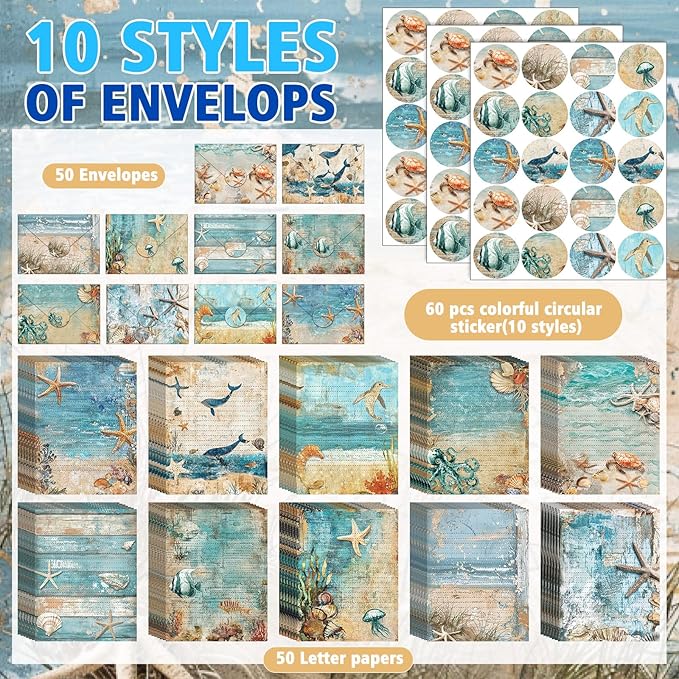 TaoBary 160 Pcs Stationery Paper Set 50 Double Sided Stationery Papers with 50 Matching Envelopes and 60 Round Dot Sticker, 10 Design (Ocean,5.5 x 8.25 Inch)