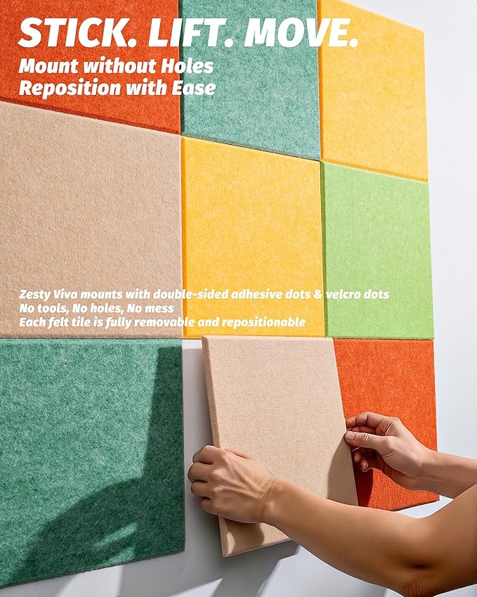 Felt Wall Tiles Bulletin Boards, Colorful Square Modular Design, Removable Cork Board Alternative for Wall, Felt Display Panels for Home, Office, Playroom 11.8”x11.8”, 9 Pack (Zesty Viva)