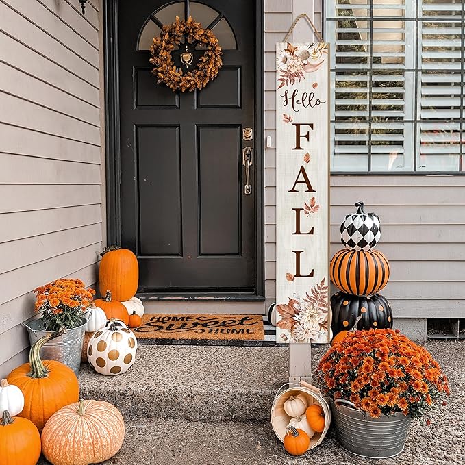 Hello Fall Porch Sign 47" Thanksgiving Day Wooden Door Sign Large Autumn Welcome Sign with Leaves Standing Front Door Decor for Home, Yard, and Fall Parties