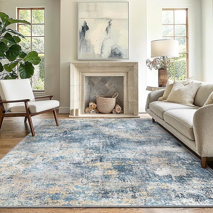 GENIMO Washable Area Rugs for Living Room, 8x10 Modern Non Slip Rugs, Low Pile Lightweight Soft Print Rug for Bedroom, Dining Room, Home Office, Washed Royal Blue